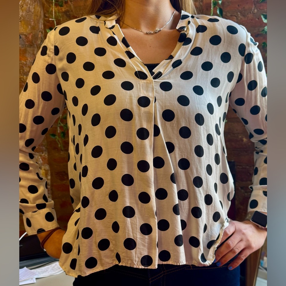 Black Dot Print Cream Long-Sleeve Women's Top